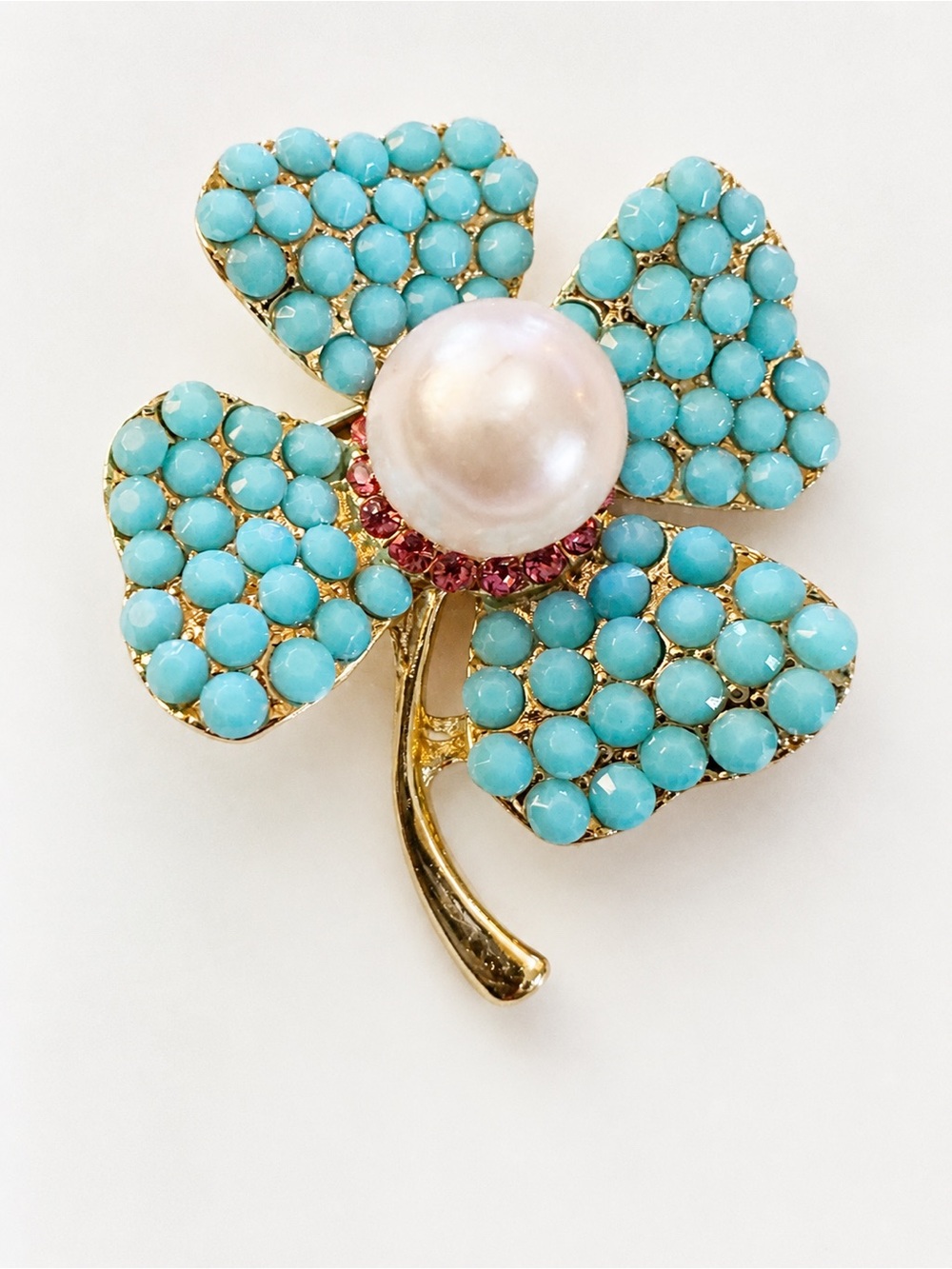 NWT Turquoise Blue Beaded Flower Brooch Pin Faux Pearl Gold Tone Statement Pin